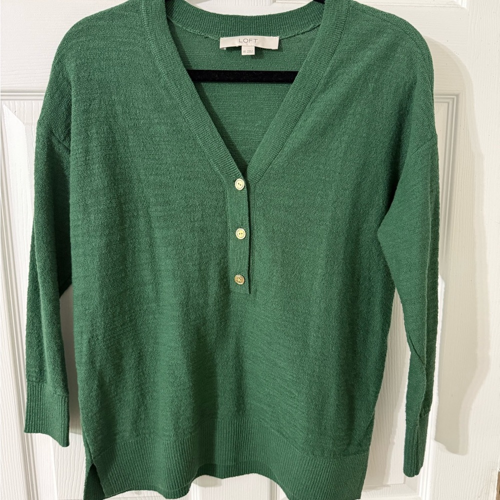 Loft Forest Green V-Neck Button Pullover Sweater - image 1